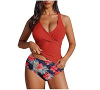 Women's Tankini Set Twisted Front Tummy Control Tops with Chest Cushion Criss Cross Back Two Piece Tankini Swimwear Casual Beach Sports Surfing Swimsuits