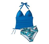 Womens Tankini Sets Halter Neck Two Piece Swimsuit for Women UK Tummy Control Swimwear Ruched Bathing Suits Tankini Top with Swim Brief Swimming Costume Backless Sexy Bikini Swimwear Blue