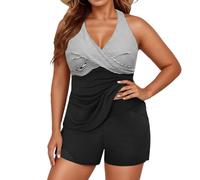 Womens Tankini Sets Plus Size Swiming Costume Tummy Control Tankini with Shorts Push Up Padded High Waist Summer Swimsuit with Boyleg V Neck 2 Piece Swimwear Tropical Floral Print Ladies Bathing Suits