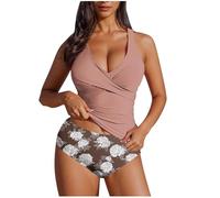 Womens Tankini Sets Tummy Control Swimsuit Padded Swimwear Slim Ruched Swim Tank Top with Bikini Bottoms V Neck 2 Piece Bathing Suits Swiming Costume with Shorts Beach Wear