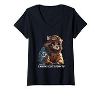 Women's Tanuki Elite Forces Japanese Raccoon Dog Pilot Kanji Graphic V-Neck T-Shirt