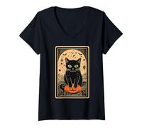Womens Tarot Black Cute Cat Halloween Cat on Pumpkin Vintage V-Neck T-Shirt