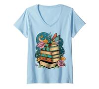 Women's tarot card book with flower and moon dark mystical V-Neck T-Shirt