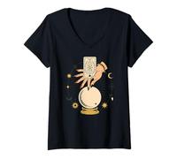 Women's Tarot Card Fortune Teller Mystic Hand Moon & Stars V-Neck T-Shirt