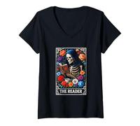 Womens Tarot Card The Reader Skeleton Goth Halloween Witch V-Neck T-Shirt