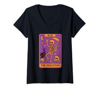 Womens Tarot Card The Skeleton Cat Moon Design V-Neck T-Shirt