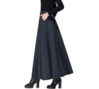 Women's Tartan Maxi Skirt Winter Vintage Woolen Plaid A-Line Maxi Skirt Elastic Waist Elegant Swing Skirt Warm Thick High Waist Pleated Flared Skirt,Gray Blue,M