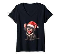 Women's Tasmanian Devil Santa Hat Christmas Cute Animal Lover V-Neck T-Shirt