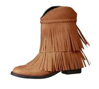 Women's Tassel Ankle Boots Round Toe Chunky Low Heel Slip-on Booties Western Cowboy Retro Embroidered Mid Calf Festival Concert Dancing Boots Dress Elegant Party Costume Shoes Brown