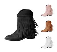 Women's Tassel Cowboy Ankle Boots Retro Western Low Heel Mid Calf Boots with Cowgirl Dress Fashion Chunky Heel Short Booties Fall Cow Boy Shoes for Jazz Dancing Party Club