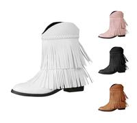 Women's Tassel Cowboy Ankle Boots Retro Western Low Heel Mid Calf Boots with Cowgirl Dress Fashion Chunky Heel Short Booties Fall Cow Boy Shoes for Jazz Dancing Party Club