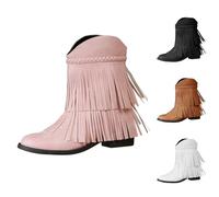 Women's Tassel Cowboy Ankle Boots Retro Western Low Heel Mid Calf Boots with Cowgirl Dress Fashion Chunky Heel Short Booties Fall Cow Boy Shoes for Jazz Dancing Party Club