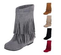 Women's Tassel Cowboy Boots Flat Suede Round Toe Mid Calf Fringe Cowboy Cowgirl Boots Fashion Retro Stylish Vintage Riding Motor Biker Western Shoes Autumn and Winter Comfortable Footwear(Grey)