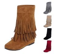 Women's Tassel Cowboy Boots Flat Suede Round Toe Mid Calf Fringe Cowboy Cowgirl Boots Fashion Retro Stylish Vintage Riding Motor Biker Western Shoes Autumn and Winter Comfortable Footwear(Yellow)