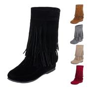 Women's Tassel Cowboy Boots Flat Suede Round Toe Mid Calf Fringe Cowboy Cowgirl Boots Fashion Retro Stylish Vintage Riding Motor Biker Western Shoes Autumn and Winter Comfortable Footwear(Black)