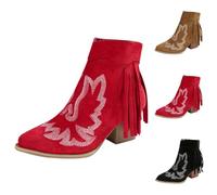 Women's Tassel Cowboy Cowgirl Boots with Side Zipper, Ladies Embroidered Stitched Short Western Boots Low Chunky Heel Pointed Toe Ankle Booties Comfortable Slip On Wedding Shoes