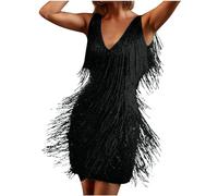 Women's Tassel Flapper Dress Vintage Dance Dress Fancy Sleeveless Fringe Ballroom Dancewear Cocktail for Latin Tango Samba Cha Cha Party Sparkly Suspended Cocktail Party Black