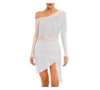 Women's Tassel Fringe Mesh Splice Slim Fit Off Shoulder Long Sleeve Pull On Irregular Hem Latin Dance Dress