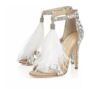 Women's Tassel Rhinestone Heeled Sandals Sexy Fluffy Feathers Open Toe Back Zipper Wedding Shoes Evening High Heel Pump White Shoes (Color : Bianco, Size : 8 UK)