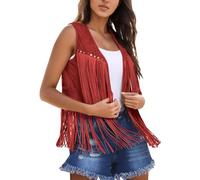 Women's Tassel Vest 70S Hippie Outfits Fringed Waistcoat Western Clothing Faux Suedejacket Solid Color Cardigan Open Front Sleeveless Tops Country Women (Red, M)