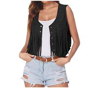 Women's Tassel Vest Summer Sleeveless Fringe Cardigan Jacket 70s Hippie Faux Suede Solid Color Open Front Y2k Waistcoat for Casual Streetwear