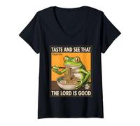 Women's Taste and See that the Lord is Good Frog Ramen Psalm 34:8 V-Neck T-Shirt
