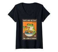 Women's Taste and See that the Lord is Good Frog Ramen Psalm 34:8 V-Neck T-Shirt