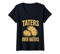 Womens Taters Over Haters Funny Potato Lovers Humor Statement Pun V-Neck T-Shirt