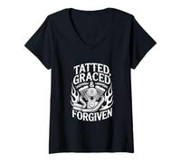Womens Tatted Graced Forgiven Christian Biker V-Neck T-Shirt