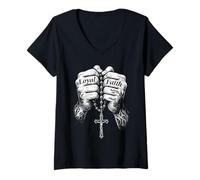 Womens Tattooed Hands Rosary Cross Religious Chicano Mexican V-Neck T-Shirt
