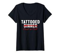 Womens Tattooed Sinner Saved Paid in Fool Christians with Tattoos V-Neck T-Shirt