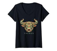 Women's Taurus Zodiac Sign Boho Mandala Geometric Astrology V-Neck T-Shirt