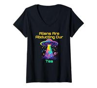 Womens Tea Humor With Alien UFO Abduction Cosmic VIbes Meme V-Neck T-Shirt