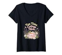 Women's Tea Time Cottage Mom Floral Aesthetic Design V-Neck T-Shirt