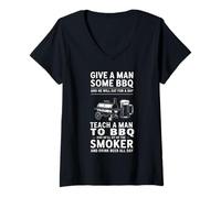 Womens Teach A Man to BBQ Meat Smoking Grilling Meat Smoker V-Neck T-Shirt