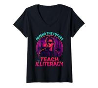 Womens Teach Illiteracy Futuristic Retro Rebellion Sarcastic V-Neck T-Shirt
