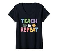 Womens Teach & Repeat Teacher Life Quote V-Neck T-Shirt