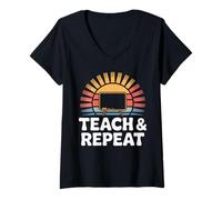 Womens Teach & Repeat Teacher Life Quote V-Neck T-Shirt