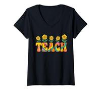 Women's Teach Retro 70s Groovy Flower Power Daisy V-Neck T-Shirt