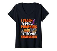 Womens Teach The Cutest Pumpkins Kindergarten Teacher Halloween V-Neck T-Shirt