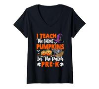 Womens Teach The Cutest Pumpkins Pre-K Teacher Halloween Witch V-Neck T-Shirt