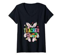 Women's Teacher Easter Bunny Costume Job Team Hunting Colorful Eggs V-Neck T-Shirt