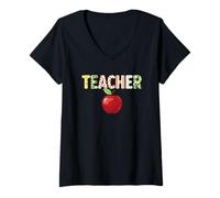 Women's Teacher Educator School Classroom Apple Patterned Learning V-Neck T-Shirt