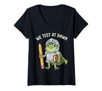 Women's Teacher Frog We Test At Dawn Test Day Funny Frog Final Exam V-Neck T-Shirt