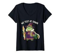 Women's Teacher Frog We Test At Dawn Test Day Teacher Final Exam V-Neck T-Shirt