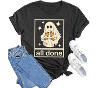 Womens Teacher Halloween Ghost T-Shirt All Done Sign Language Speech Pathology Teacher Shirt Fall Short Sleeve Tee Top, Gray, XL