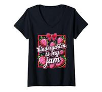 Women's Teacher Kindergarten is My Jam Strawberry V-Neck T-Shirt