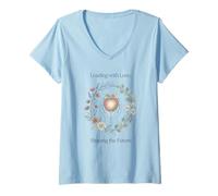 Women's Teacher Leading with Love Shaping the Future Apple Floral V-Neck T-Shirt