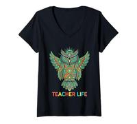 Women's Teacher Life Aboriginal Dot Art Wise Owl Pattern V-Neck T-Shirt