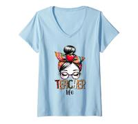 Women's Teacher Life Messy Bun Apple Educator V-Neck T-Shirt